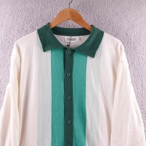 Oxknit Mens Cream Green Striped Long Sleeve Polo Shirt Size XXL Retro NWT‎